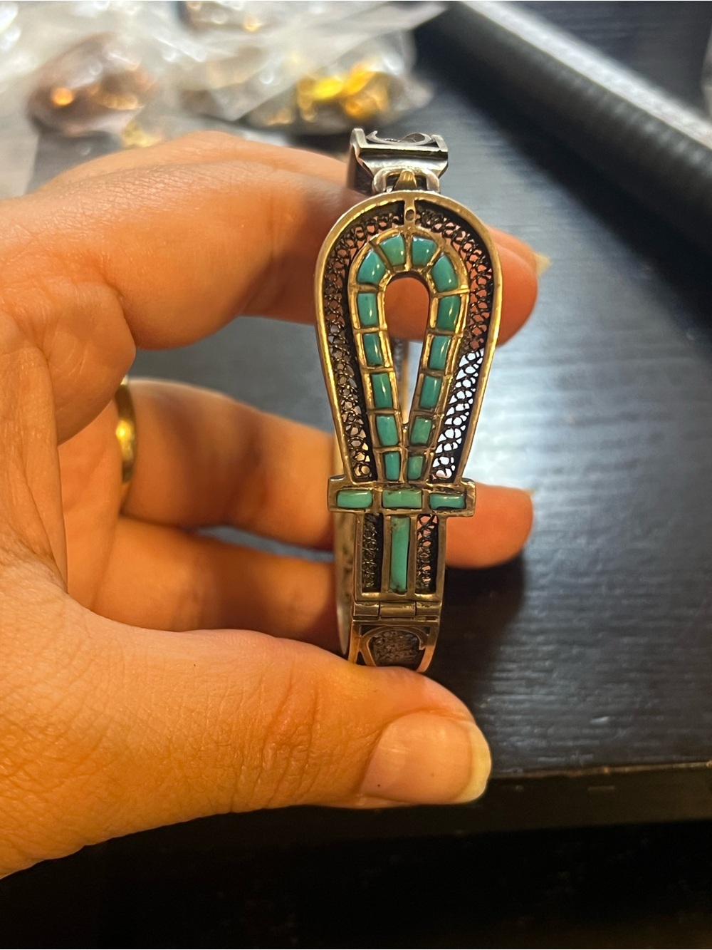 Turquoise Inlay Ankh Bracelet - Women's Silver Jewelry